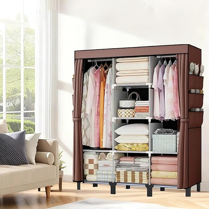 Portable Wardrobe, Easy Hanging Closet 6 Side Pockets Large Capacity Clothes Organizer Comes with 2 Hanging Poles and Storage