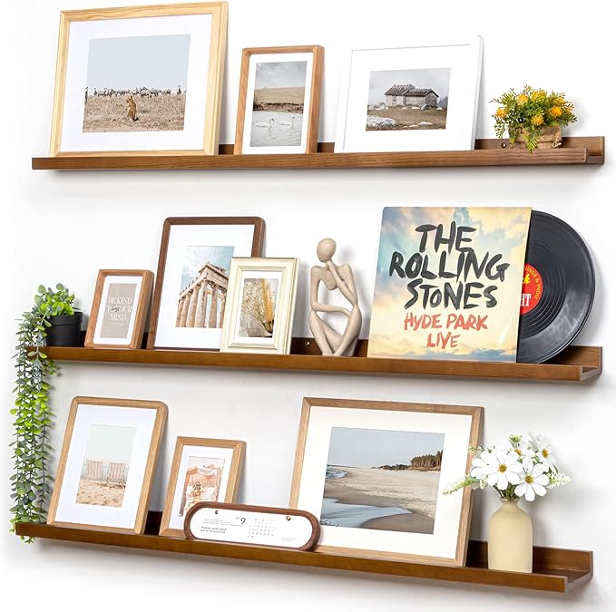 Picture Ledge Wall Shelves 48 Inches Width Set of 3, Solid Pine Wood Rustic Floating Ledge for Kids' Room Bedroom Kitchen Bat