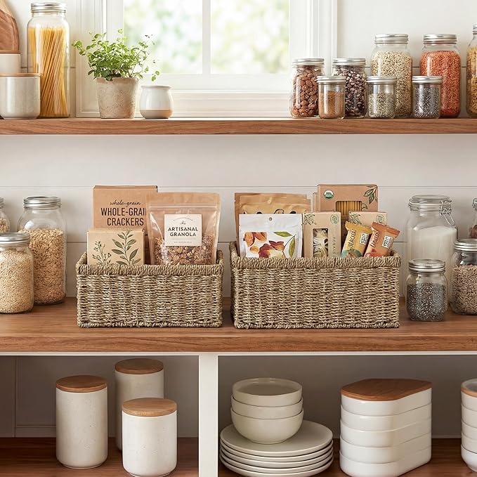 StorageWorks Wicker Storage Baskets, Handwoven Seagrass Basket for Organizing, Decorative Organizers with Built-in Handles, S