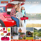 Roadside Emergency car kit for Vehicles, Car First Aid Emergency kit with Portable Air Compressor, Heavy Duty Jumper Cables, 