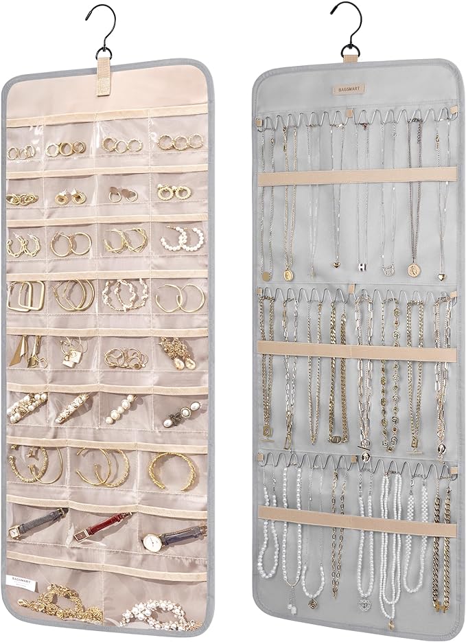 BAGSMART Hanging Jewelry Organizer Storage Roll with Hanger Metal Hooks Double-Sided Jewelry Holder for Earrings, Necklaces, 