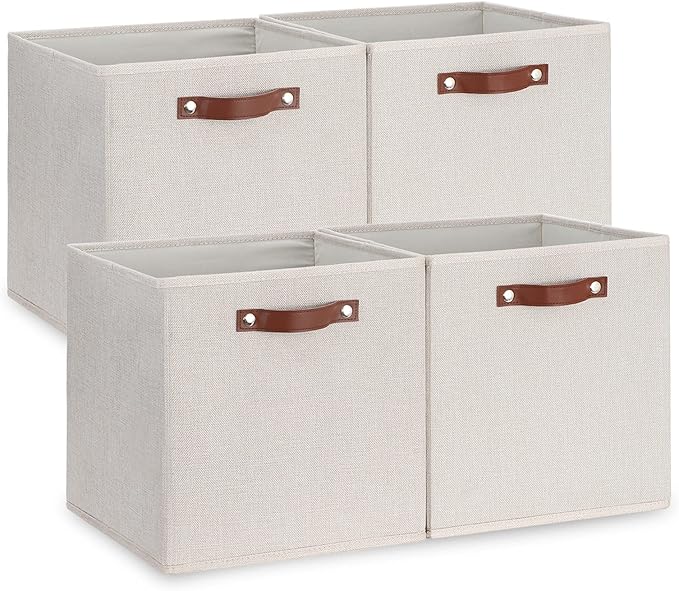 Temary Fabric Storage Cubes Storage Bins with Dual Leather Handles, 4 Pack Cube Baskets 13x13 Foldable Cube Organizers for Sh