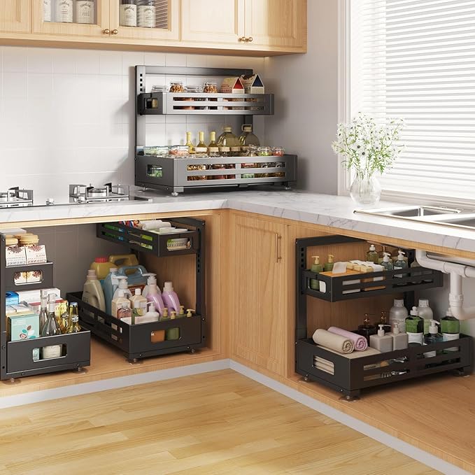 2 Pack 19IN-Depth Under Sink Organizer,Pull Out Cabinet Organizer With Smooth Cylindrical Rail,Metal Slide Out Drawer for Kit