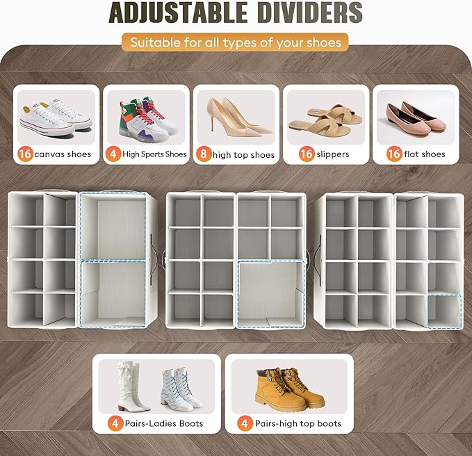 Budding Joy 2 Pack Shoe Organizer for Closet, Clear Foldable Shoe Storage Containers Adjustable Dividers Fits 16 Pairs,Shoe S