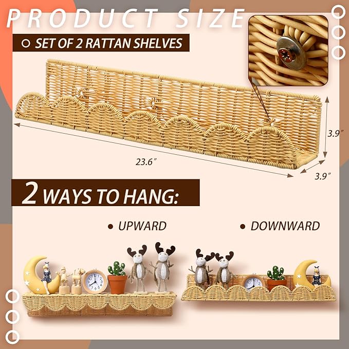 Pinkunn 4 Pcs Nursery Book Shelves 23.6 Inch Rattan Scalloped Floating Bookshelves Wicker Boho Book Shelf for Wall Mounted De