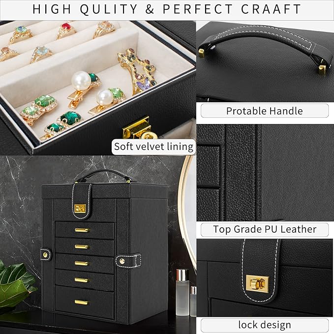 AKOZLIN Jewelry Box Organizer Functional Leather Jewelry Storage Case for Women Girls Ring Necklace Earring Bracelet Holder O
