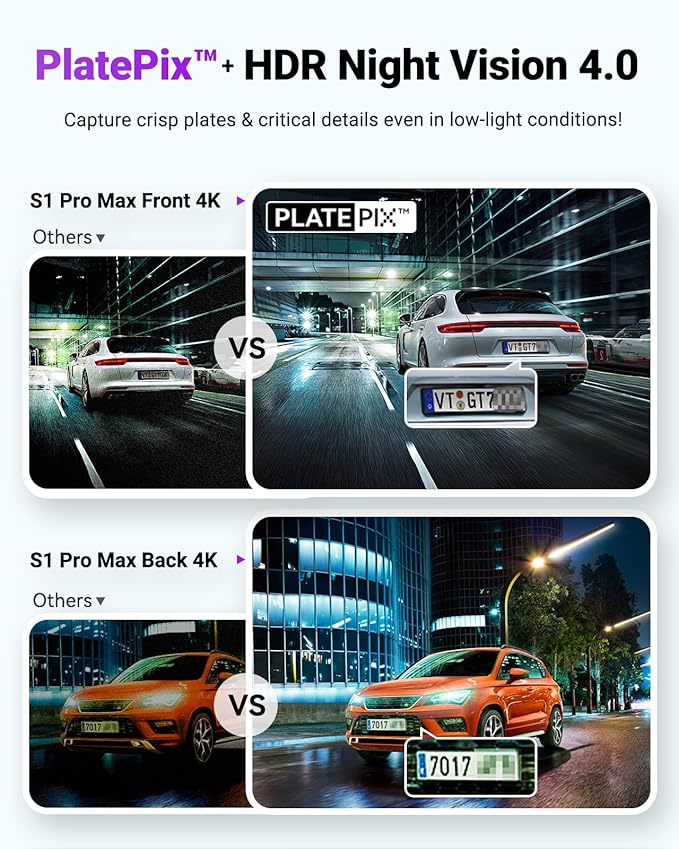 Vantrue S1 Pro Max AI Dash Cam 4K+4K w/ADAS & BSD, Dual STARVIS 2 Dash cam Front and Rear, 2 Channel HDR Dashcam, PlatePix Ni