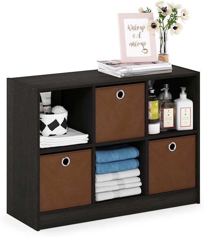 Furinno Basic 3x2 Cube Storage Bookcase Organizer with Bins, Espresso/Brown
