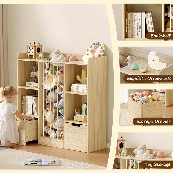 Toy Storage Organizer with Stuffed Animal Storage, Solid Pine Wooden Toy Organizer & Stuffed Animal Zoo, 4 Cubes Shelf with 2