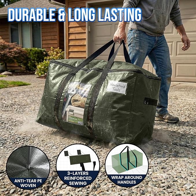 TAILI 6 Pack Green Extra Large Moving Bags, Heavy Duty Totes with Visible Window, Wrap Around Handles, Space-Saving Storage, 