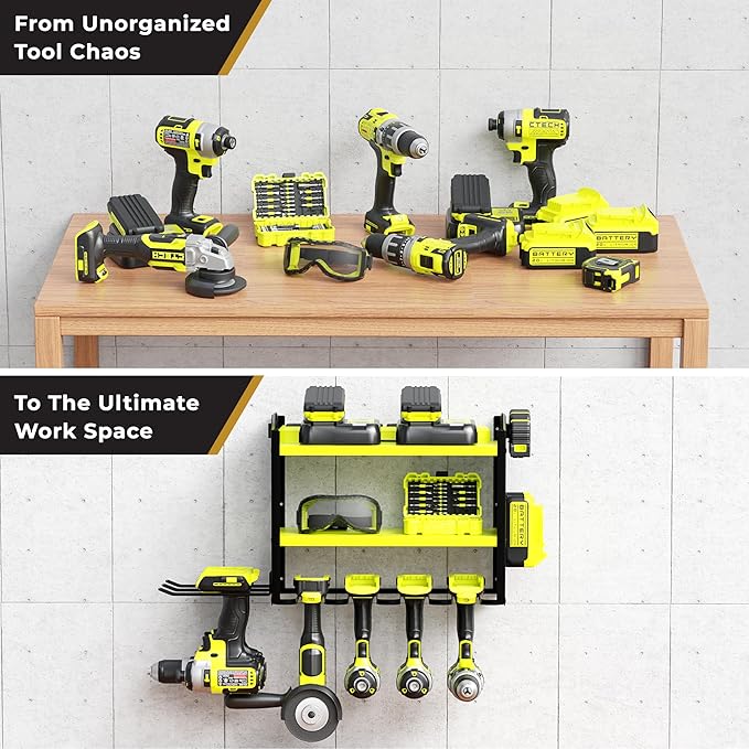 BUILTSTRONG Power Tool Organizer - 6 Drill Holder Wall Mount, 3-Tier Heavy-Duty Hand Tool Storage Rack With 2 Pegboard Sides 