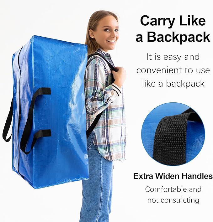 6 Pack Heavy Duty Extra Large Moving Bags W/Backpack Straps - Strong Handles & Zippers, Storage Totes For Space Saving, Fold 
