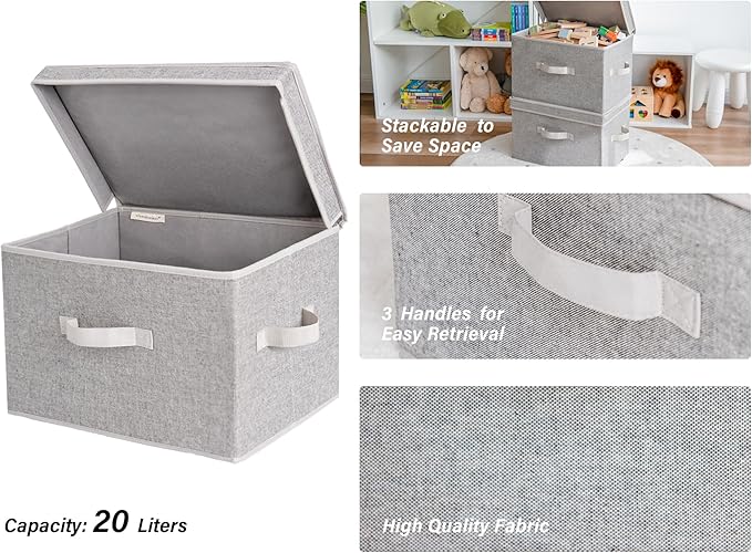 StorageWorks Fabric Storage Bins with Lid, Decorative Storage Boxes for Shelves, Stackable Closet Organizer Basket with Handl