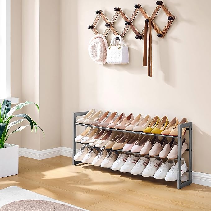 FAVOOSTY 3-Tier Expandable Shoe Rack, Adjustable Shoe Shelf Storage Organizer Space Saving Metal Free Standing Shoe Rack for 