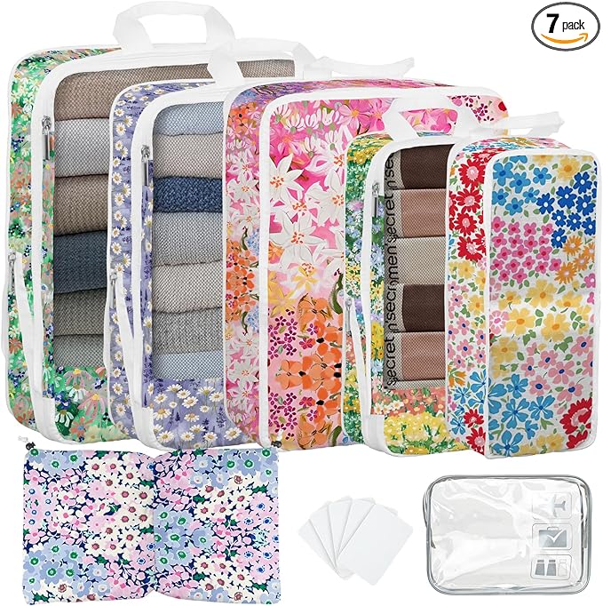 7 Pcs Compression Packing Cubes for Travel, Waterproof Suitcase Luggage Backpack Organizer with Toiletry Bag Travel Essential