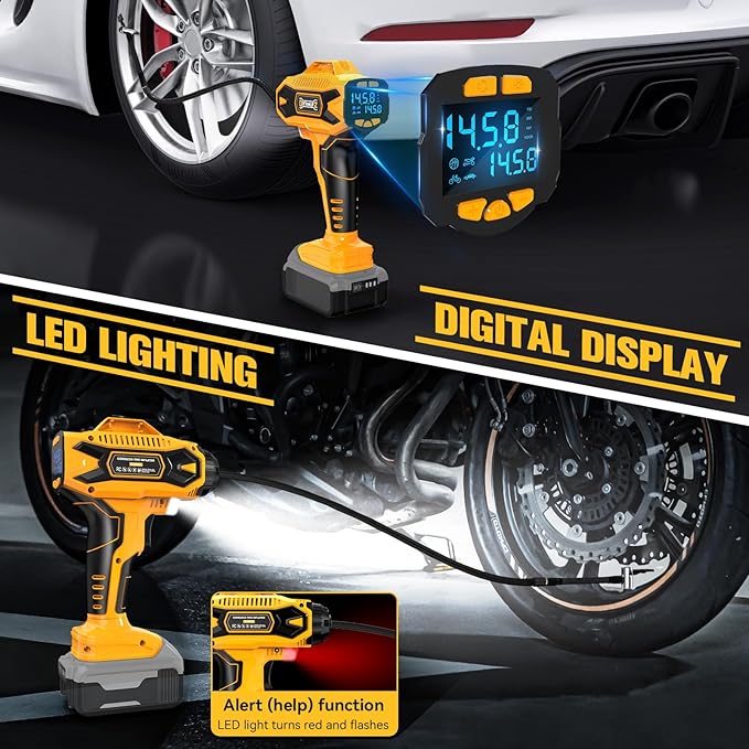 160PSI Cordless Tire Inflator Compatiblew with Dewalt 20V Battery, Portable Air Compressor for Auto, Motorcycles, Bikes, Car Air Pump with Auto Shut-Off, LCD Display, LED Light, 4 Nozzles