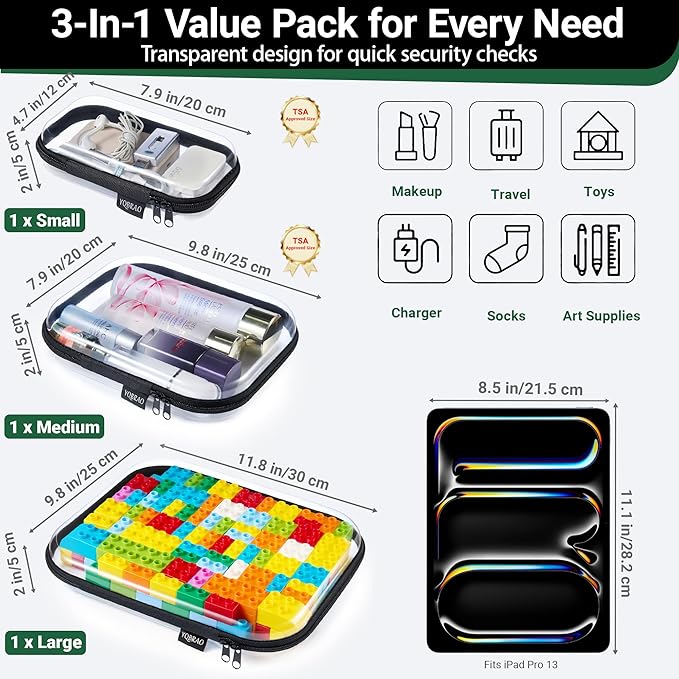 YQBRAO Hard Sided Clear Zipper Case for Storage- Professional-Grade Plastic Clear Zipper Pencil Case,Toy Storage Bins, Toilet