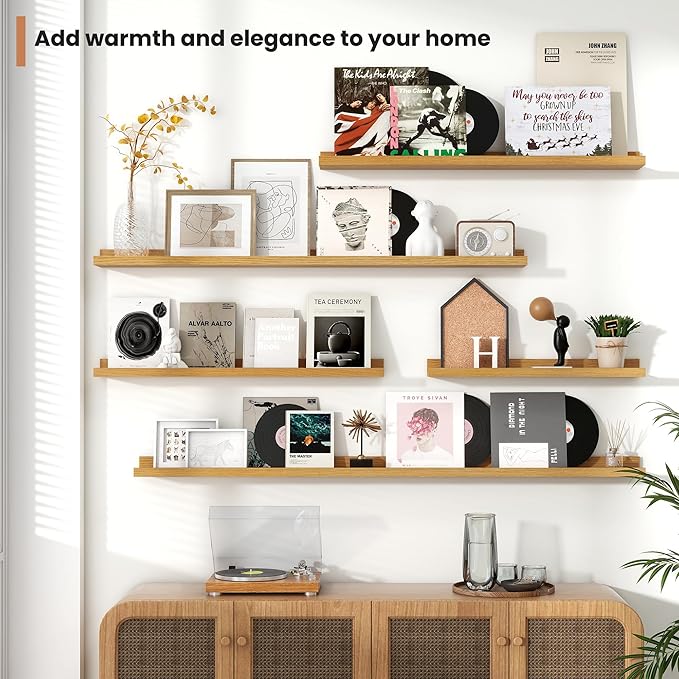 Fun Memories Picture Ledge Shelves Set of 4, 32 Inch Rustic Wall Mounted Floating Shelves with Lip for Home Storage and Décor