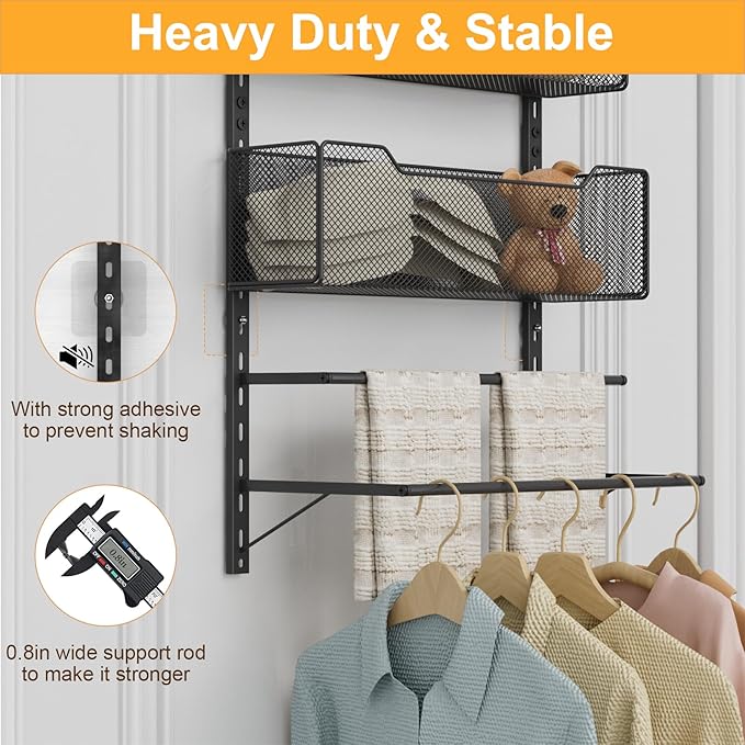 VyGrow Over the Door Storage Organizer with 3 Tier Mesh Baskets 2 Hanging Rods, 2 Mounting Options, Heavy Duty Clothes Hanger