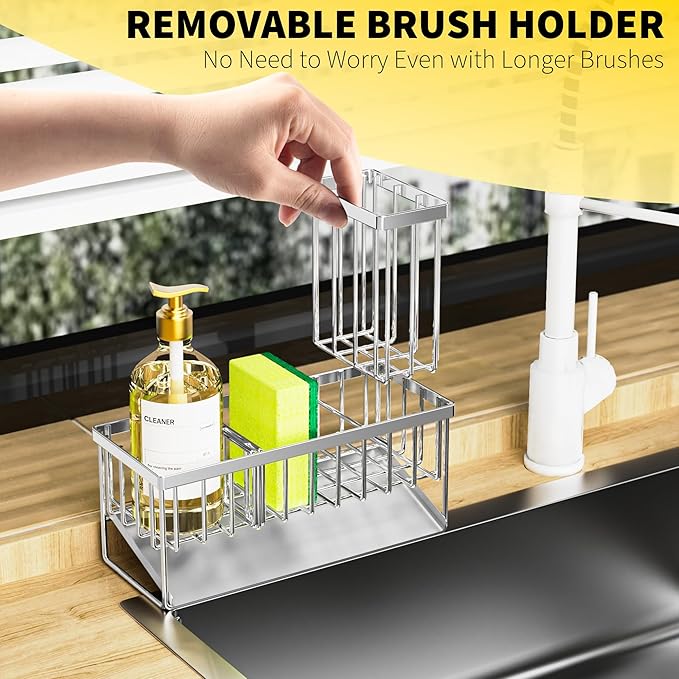 Cisily Sink Caddy Sponge Holder for Kitchen, 304 Stainless Steel Rustproof, Kitchen Sink Caddy with High Brush Holder, Dish S