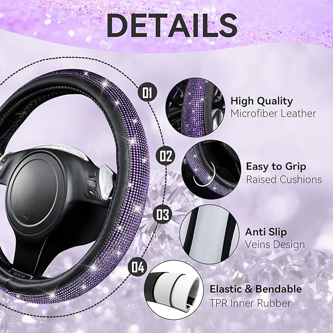CAR PASS 11PCS Bling Purple Car Steering Wheel Cover Set for Women, Sparkly Rhinestone Diamond Bling Seat Belt Cushion, Glitt