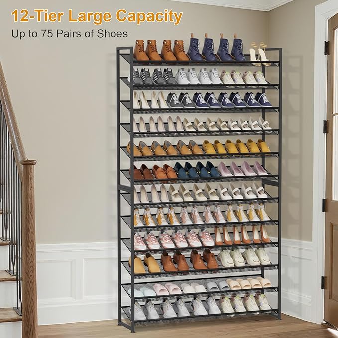 Large Shoe Rack 12 Tier Shoe Organizer, Heavy Duty Metal 6-Tier Stackable Shoe Storage Vertical Shoe Rack for Closet Front Do