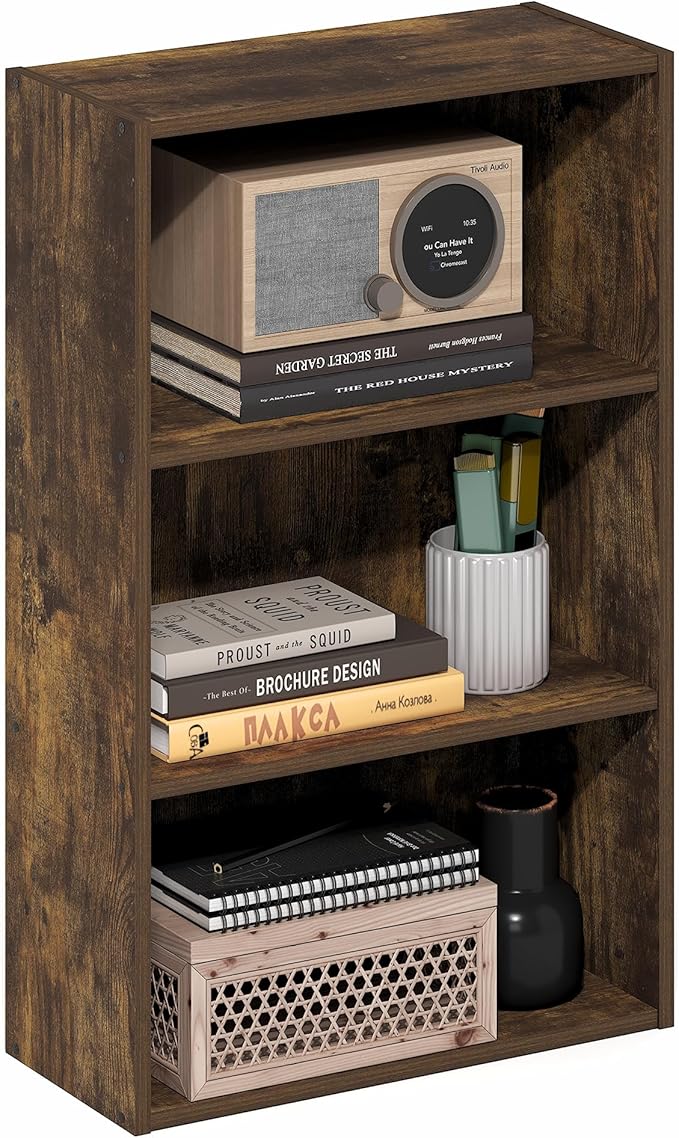 Furinno Basic Book Shelf, 3-Tier Bookshelf, Cube Storage Organizer Bookcase with Open Shelf, 7 x 17 x 26, for Living Room, Be