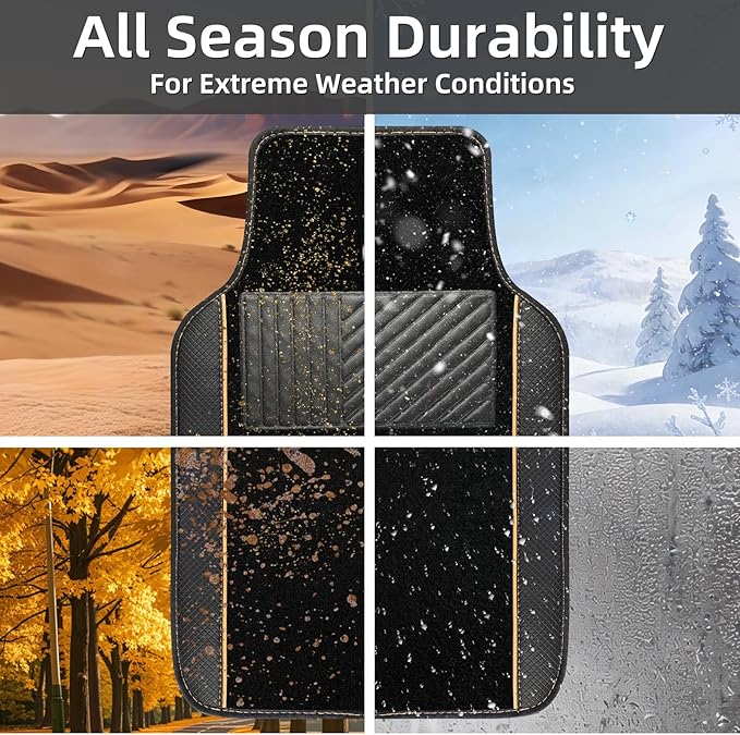 NBTEPEM Waterproof Universal Fit Car Floor Mats, Faux Leather Sporty Car Carpet Mats with Anti-Slip Nibbs Backing & Driver Heel Pad Fit for SUV, Vans, Sedans, Trucks, Set of 4 (Black with Beige line)