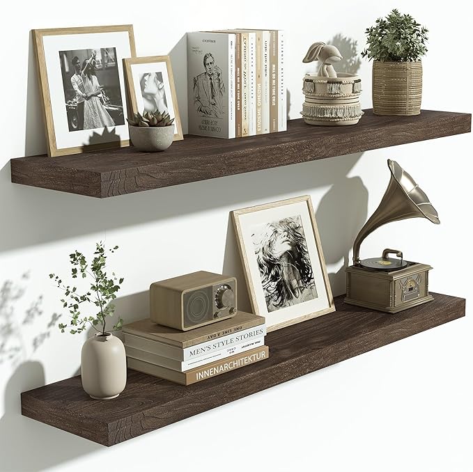 Vivelove Solid Wood Floating Shelves Set of 2, Elm Wood Wall Shelf with Invisible Bracket for Living Room Bedroom Bathroom Of