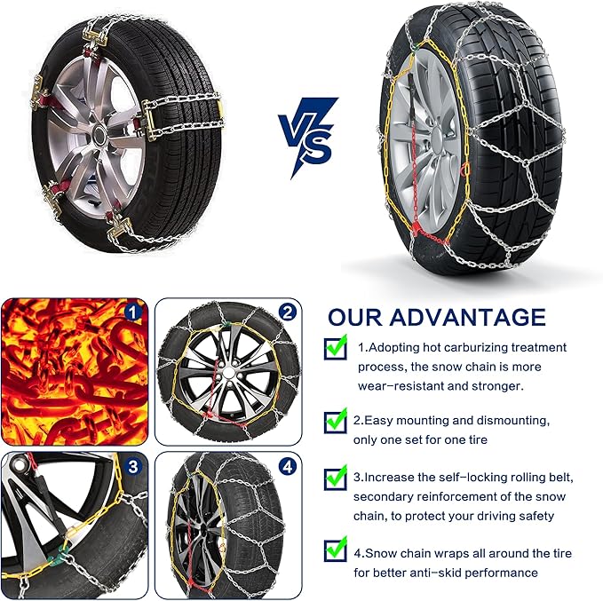 Snow Chains, Wear-Resistant High Carbon Steel Anti Slip Tire Chain for Passenger Cars, Pickups, and SUVs, Set of 2 (KN100)