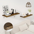 Dreamland 32" Floating Shelves for Wall, 12" Deep Slim Rustic Brown Floating Shelves, Wall-Mounted Shelves for Bedroom, Livin