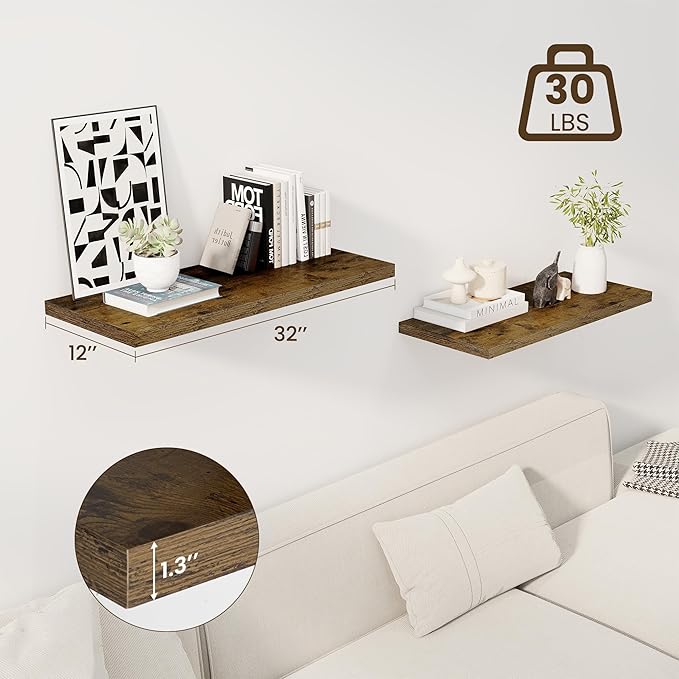 Dreamland 32" Floating Shelves for Wall, 12" Deep Slim Rustic Brown Floating Shelves, Wall-Mounted Shelves for Bedroom, Livin