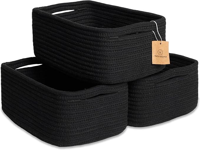 NaturalCozy 11.8"x8"x4.5” Rectangle Storage Baskets for Shelves 3 Pack | Cotton Rope Woven Small Baskets for Organizing | Sma