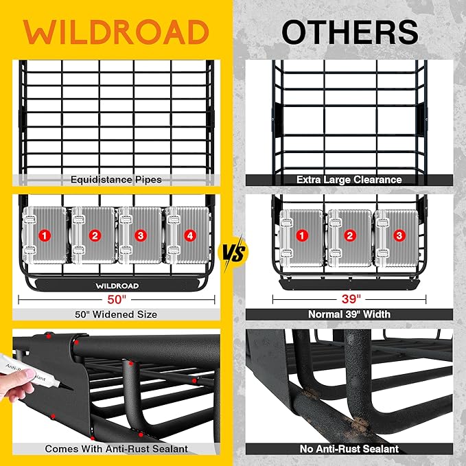 WILDROAD Roof Rack Cargo Basket, Upgraded 4” Fence Wide Car Roof Basket, 64"x 50"x 4" Universal Car Top Carrier Basket with Super Duty Bungee Cargo Net and Ratchet Straps Fits for SUV Truck Cars