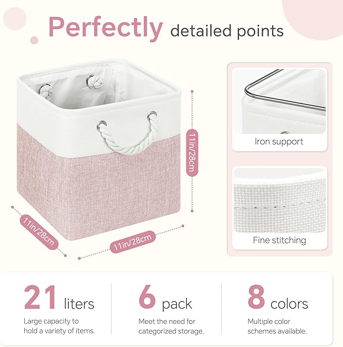 FinishingBo Cube Storage Bins, 6 Pack 11x11 inch with Cotton Handles for Closet, Shelves, Clothes, Towel (White/Pink)