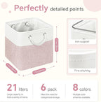 FinishingBo Cube Storage Bins, 6 Pack 11x11 inch with Cotton Handles for Closet, Shelves, Clothes, Towel (White/Pink)