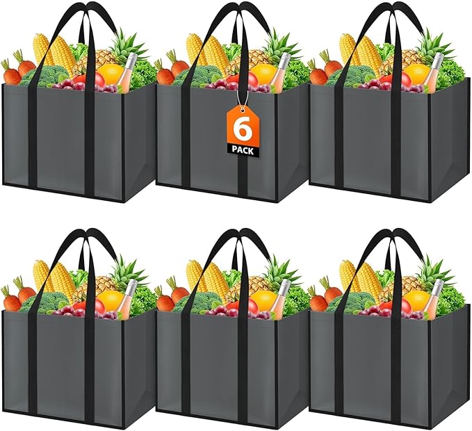 WISELIFE Reusable Grocery Bags with Handles - 6 Pack, 35L Large Shopping Bags for Groceries, Water-Resistant & Foldable Grocery Totes for Lasting Use for Kitchen, Market, Car Trunk, Picnic (Gray)