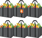 WISELIFE Reusable Grocery Bags with Handles - 6 Pack, 35L Large Shopping Bags for Groceries, Water-Resistant & Foldable Grocery Totes for Lasting Use for Kitchen, Market, Car Trunk, Picnic (Gray)