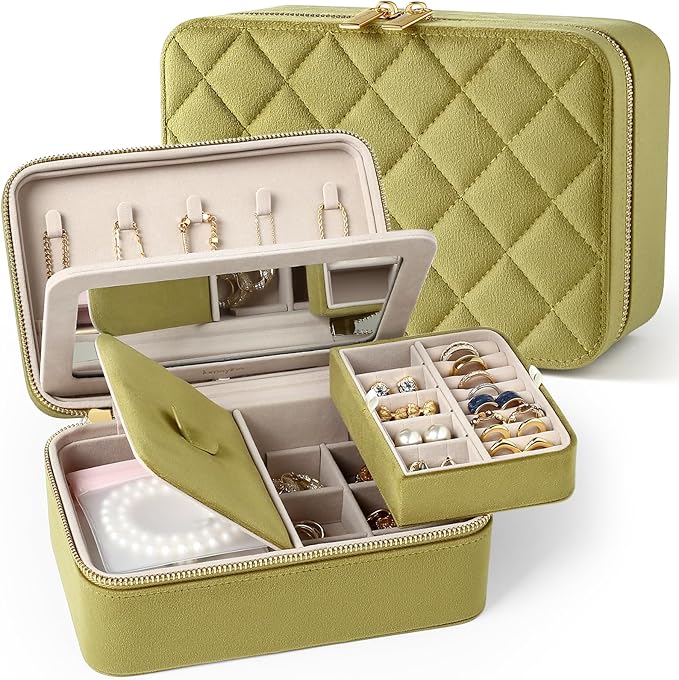 Velvet Travel Jewelry Box with Large Mirror, Double-Layer Jewelry Organizer Case for Women and Girls, Portable Storage Case w