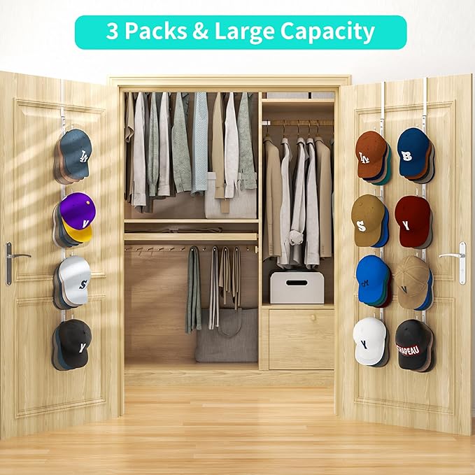 HapiRm Over Door Hat Rack - 3 Packs Hat Organizer with 12 Hooks Design, Hanging Baseball Cap Organizer Storage Holds Up to 60