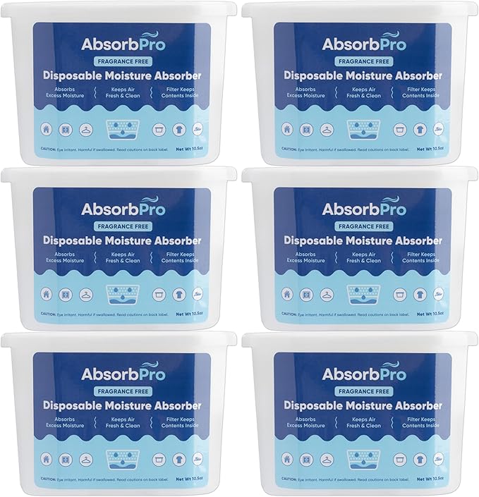 Moisture Absorber Tub Fragrance Free - 6-Pack - 10.5 oz Unscented Disposable Odor Eliminator Box & Dehumidifier for Garage,