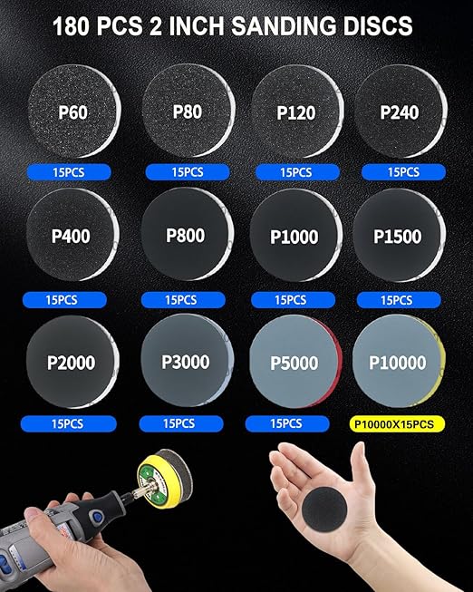 2 Inch Sanding Discs Drill Polishing Kit, 193PCS Car Headlight Restoration Kit, Hook & Loop Wet Dry Buffing Pads for Rotary T
