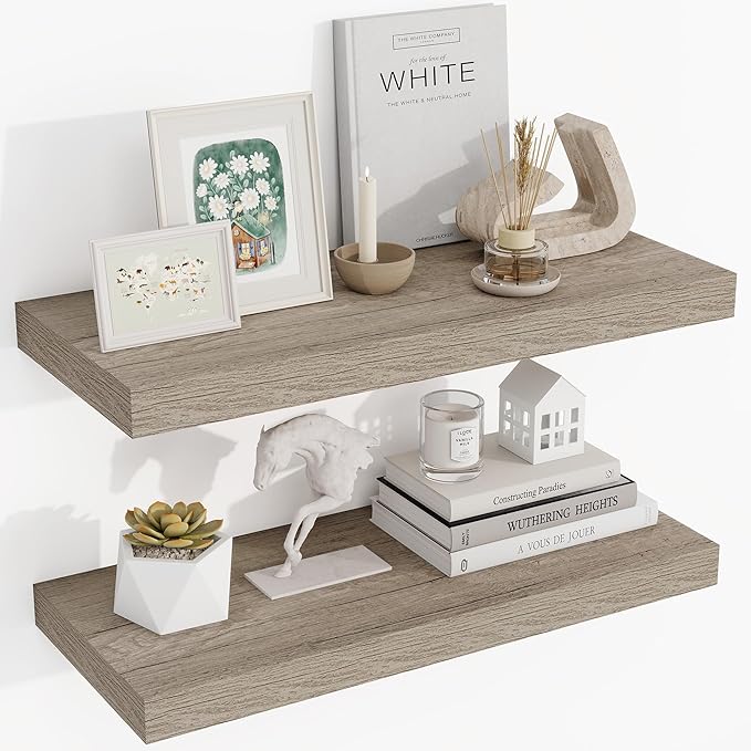 24 Inch Floating Shelves, 3D Textured Wood Grain, 24"x9.25"x1.5" Inch Deep Floating Shelves for Wall, Wooden Shelves for Bath