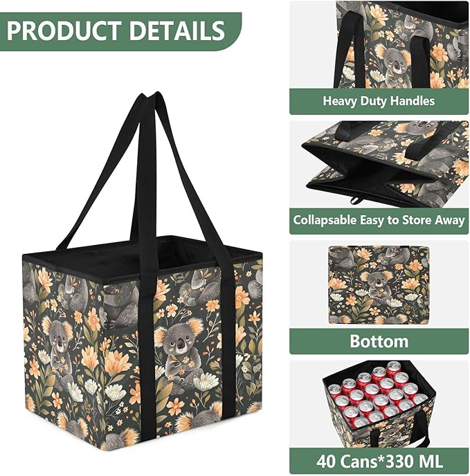 Cute Koalas Reusable Grocery Bags Large Shopping Tote Bag with Reinforced Bottom Board, Water Resistant Foldable Storage Bags