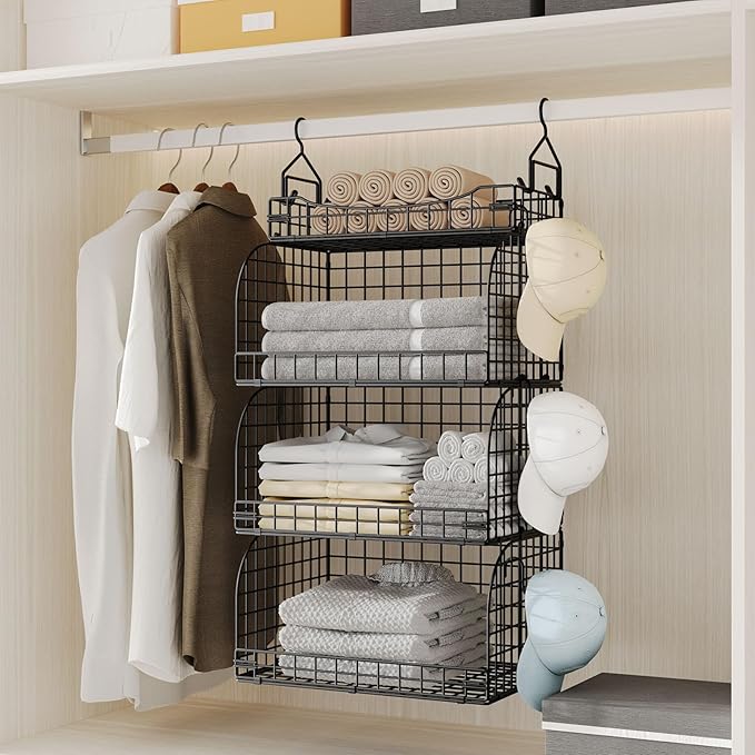 HapiRm Hanging Closet Organizer Storage - 4 Tier Metal Stackable Hanging Closet Shelves with Dividers and S Hooks, Foldable C