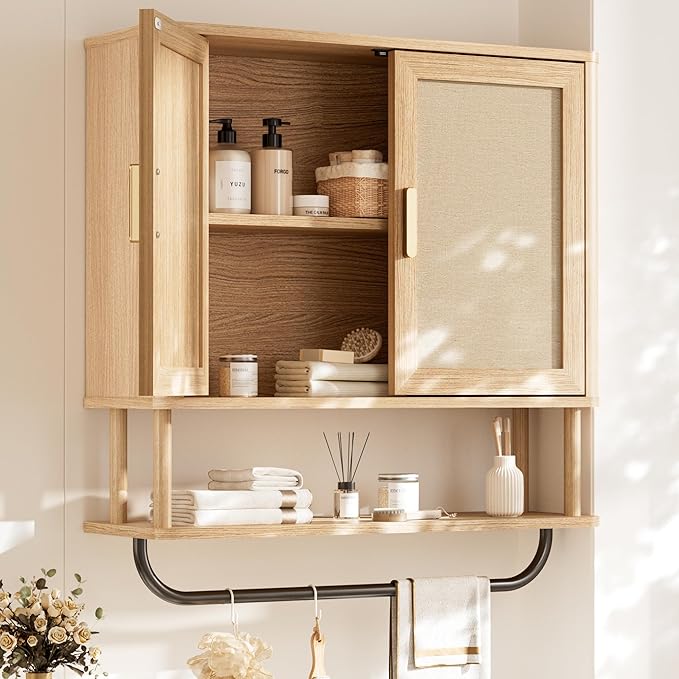INNOD Rattan Bathroom Wall Cabinet with Towel Bar, Wall-Mounted Medicine Cabinet with Adjustable Wood Shelf & Doors, Over The