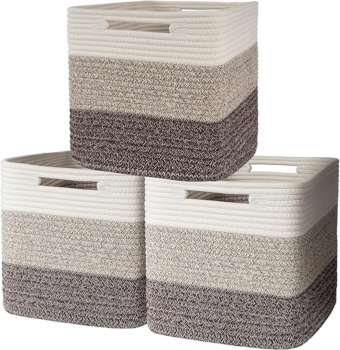 AELS Hand Woven Cotton Baskets for Storage, Cube Storage Bins with Handles, Foldable Collapsible Closet Organizers and Storag