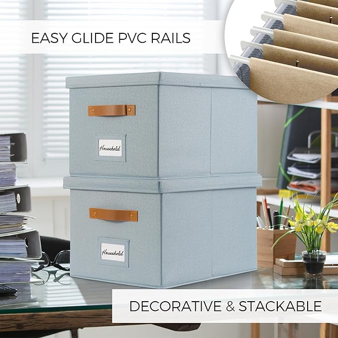 ZICOTO Decorative File Organizer Box Set of 2 - Collapsible Linen Filing Cabinets w/Handles Are Perfect to Store all Your Doc