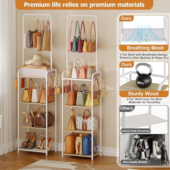 Tall Purse Organizer Stand with 3-Tier Thick Wood + 1-Tier High-Density Mesh, Adjustable Interchangeable, Slim Narrow Freesta