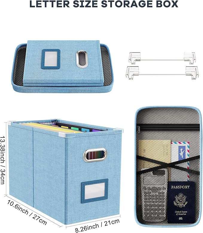 Oterri Portable Document Organizer with Lid, Hanging Storage Box with Mesh Pocket for Letter Files, Smooth Sliding Rail - Sky